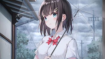 Blue Eyes Anime Girl Is Standing Under Umbrella Wearing White Uniform Anime Girl HD wallpaper