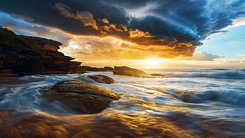 A storm cloud rolling over Tamarama Beach, Sydney, Australia, sea, clouds, sky, sun, water, rocks, sunset HD wallpaper
