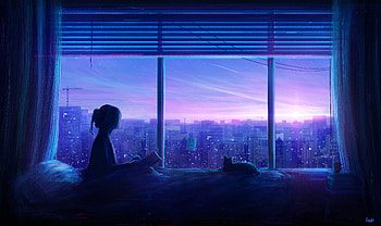 Writing Stories, artwork, artist, deviantart, digital-art, city, cat HD wallpaper