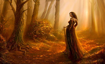Girl in forest, colorful, magic, colors, peaceful, girl, beautiful, pretty, madame, splendor, lovely, forest HD wallpaper