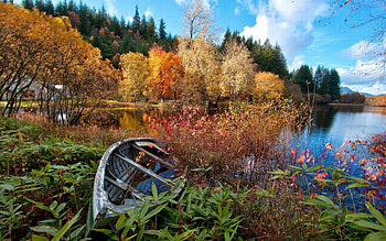 Autumn Lake, boat, leaves, trees, colors, sky HD wallpaper