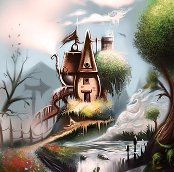 Cottage, fantasy, art, house, waterfall, yasar vurdem HD wallpaper