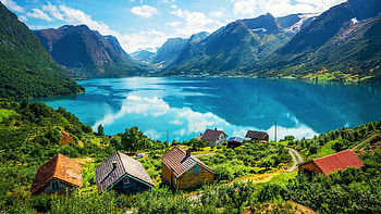 Lake in Norway, clouds, sky, water, houses, mountains, reflections, village HD wallpaper