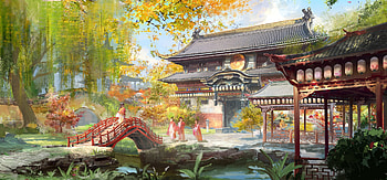 :), kimono, frumusete, art, asian, gorgeous, ang steven, superb, pink, fantasy, yellow, green, bridge, autumn, luminos, toamna HD wallpaper