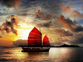 Slow boat, dea, boat, slow, red, cloudy sky, water, sunset, ocean HD wallpaper
