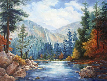River below the Falls, falls, river, pine trees, clouds, mountains, rocks HD wallpaper