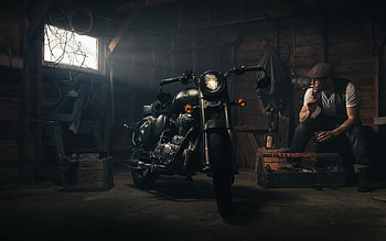 Biker Smoking Garage, bikes, artist, artwork, smoking, digital-art, garage HD wallpaper
