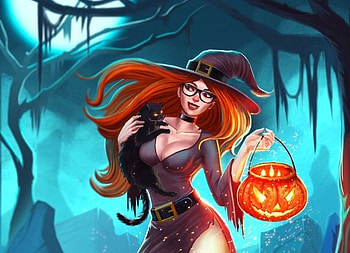 Halloween witch, blue, black, girl, cat, orange, witch, halloween, moon, fantasy, pumpkin, luna, redhead, luminos HD wallpaper