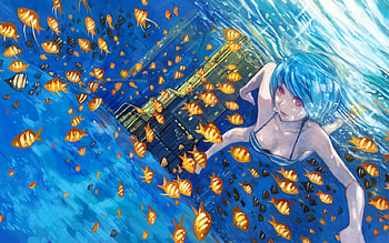 The City Under The Sea, swimming, swimsuit, anime, city, underwater, fish, blue hair, girl HD wallpaper