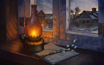 Pussy Willow, Artistic, Still Life, Kerosene Lamp, Window HD wallpaper