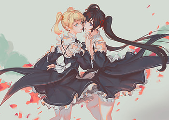 Maids, black, uniform, long hair, dress, beauty, lady, petals, twintails, amids, female, bonde hair, sweet, white, girl, beautiful, black hair, woman, anime girl, anime, pretty, red, lovely HD wallpaper
