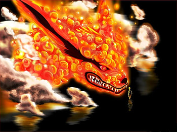 Kyuubi Confrontation, black background, uzumaki naruto, nine-tailed fox, red eyes, fox, kyuubi, naruto shippuuden, fangs, anime, smoke, naruto, naruto uzumaki, blonde hair, spiky hair HD wallpaper