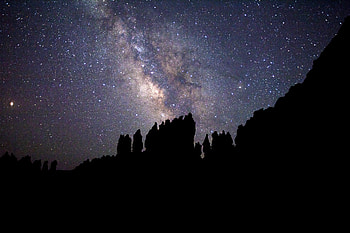 Stars, Rocks, Dark, Silhouette, Starry Sky, Nebula HD wallpaper