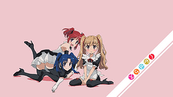 Toradora, brown eyes, gray eyes, kawashima ami, blue hair, red hair, aisaka taiga, kushieda minori, pink, maid, 3girls, blush HD wallpaper