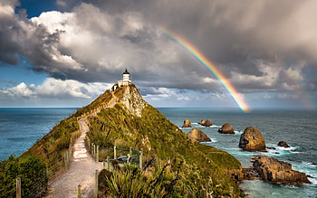 Half of Luck, rocks, ocean, New Zealand, lighthouse, rainbow, clouds HD wallpaper