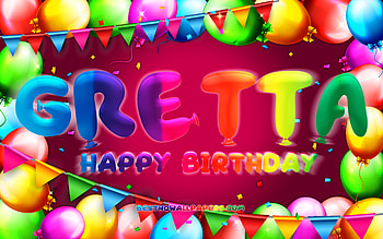 Happy Birtay Gretta, , colorful balloon frame, Gretta name, purple background, Gretta Happy Birtay, Gretta Birtay, popular german female names, Birtay concept, Gretta HD wallpaper