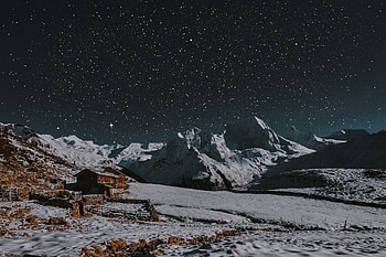 House, winter, landscape, mountains, night HD wallpaper