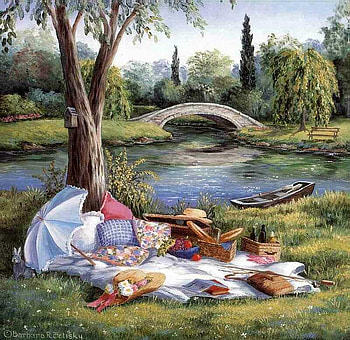 summer picnic, boat, fruitbowl, fishingpole, strawhat, food, tree, basket, books, bridge, pillows, pond, hat, wine HD wallpaper