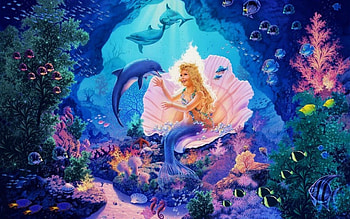 little mermaid princess, maermaid, coral, fish, princess, dolphin HD wallpaper