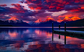 Sunset, blue, montana, orange, usa, peisaj, reflection, ponton, sky, water, cloud HD wallpaper