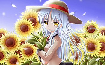 picking the sunflowers, yellow eyes, red ribbon, girl, sunflower, summer, anime, pretty, petals, bright, white hair, sky, blazer, hat HD wallpaper