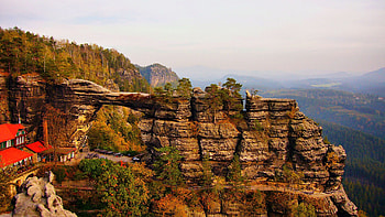 Pravcicka Brana, Bohemia, Czech Republic, trees, rocks, house, arch, misty HD wallpaper
