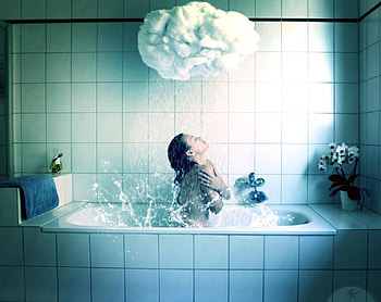 Rainny bath, abstract, rain, bath, tub, manipulation, splash, clouds, girl HD wallpaper