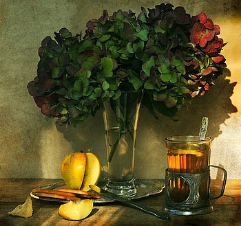 still life 1, table, glass vase, tea, fruit, knife, beautiful, tea cup, leafs HD wallpaper