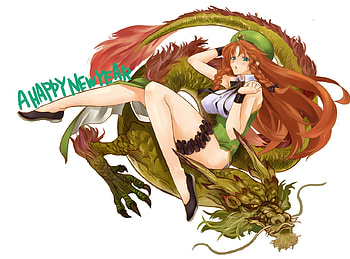 Happy New Year, new years, white background, red hair, long hair, lone, plain background, dragon, hat, new year, female, hong meiling, blue eyes, girl, chinese new year, anime girl, anime, touhou, meiling HD wallpaper