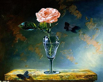 Butterflies and a rose Still life, butterflies, rose, pink, black, shelf, vase HD wallpaper