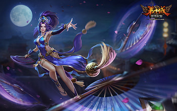 Fantasy girl, night, blue, frumusete, girl, fan, purple, hand fan, moon, fantasy, game, luna, luminos HD wallpaper