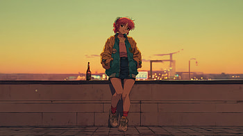 Anime Urban Girl Sunset Vibes On The Rooftop, anime-girl, coca-cola, sky, city, view, artist, artwork, art, digital-art, ai HD wallpaper