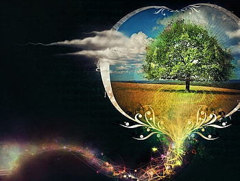Abstrakt View, fantasy, field, sky, heart, cloud, tree HD wallpaper