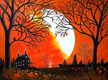 Burning Leaves, pumpkin patch, fall, paintings, houses, pumpkins, love four seasons, leaves, family, fields, trees, autumn, draw and paint, moons HD wallpaper