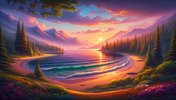 Serenity Lake Sunset, relaxation, landscape, beach, mountain HD wallpaper