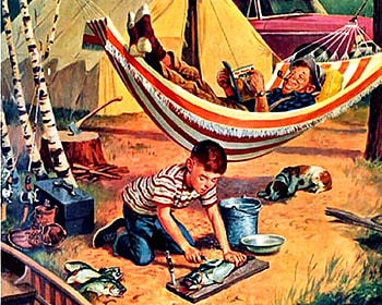 At the Campground, animal, art, cooking, dogs, beautiful, illustration, camping, artwork, wide screen, painting, pets, hamock, canine, fish HD wallpaper