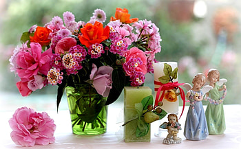 Flowers, Roses, Angels, Chrysanthemum, Candles, Bouquet, Figures, Figurines, Lantana, Lanthanum HD wallpaper