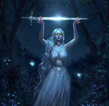 Moon Enchantress by Maria Makovetskaya, night, blue, frumusete, art, sword, girl, mistillteinn, maria makovetskaya, fantasy, luminos HD wallpaper