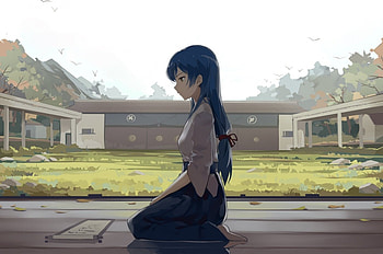 Sonoda Umi, pray, sweet, art, house, garden, cute, blue hair, girl, beautiful, grass, long hair, scroll, beauty, anime girl, anime, green HD wallpaper