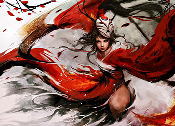 Akali, white, mask, art, girl, woman, muju, fantasy, red, league of legends, game, realistic HD wallpaper