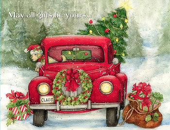 Santa's Truck, winter, holidays, winter holidays, attractions in dreams, gifts, paintings, love four seasons, Christmas, snow, draw and paint, vintage car, xmas and new year, red truck, christmas tree HD wallpaper
