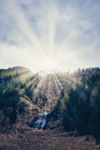 Nature, Mountain, Bright, Waterfall, Rays, Beams, Forest, Slope HD phone wallpaper