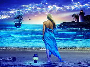 waiting for my love, boat, girl, sky, water HD wallpaper