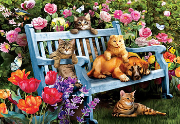Hanging Out in the Garden, flowers, bench, dog, artwork, painting, cats HD wallpaper