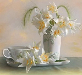 tea time with lilies, still life, flowers, lilies, tea time HD wallpaper