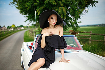 Angelina Petrova Posing on a Car, outdoors, model, car, brunette, dress HD wallpaper