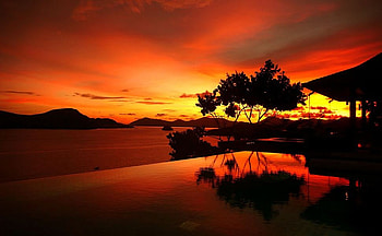 Reflective sunset, sea, pool, villa, mountains, orange, reflections, sunset, tree HD wallpaper