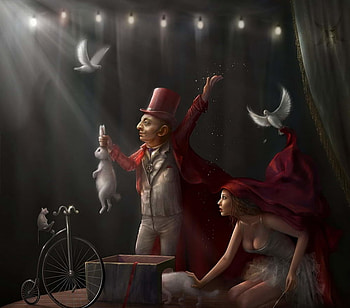 Maldito insolente, cornacchia-art, dove, bird, man, cornacchiaart, girl, cat, pisica, bunny, fantasy, red, scamator, luminos, hat HD wallpaper