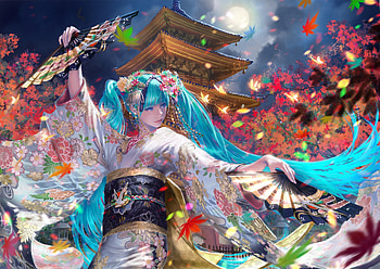 Hatsune Miku, night, kimono, frumusete, dancer, gorgeous, vocaloid, girl, superb, hand fan, moon, anime, luna, evantai, manga HD wallpaper