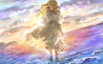 Anime Girl, sea, wind, girl, dress, sunset HD wallpaper
